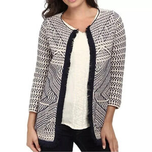 Lucky Brand Sweater Women’s Medium Open Cardigan Blanket Navy and Cream Aztec